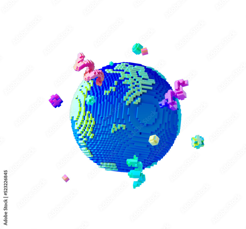 Poster minimal background for online technology and metaverse concept. pixel globe isolated on transparent 