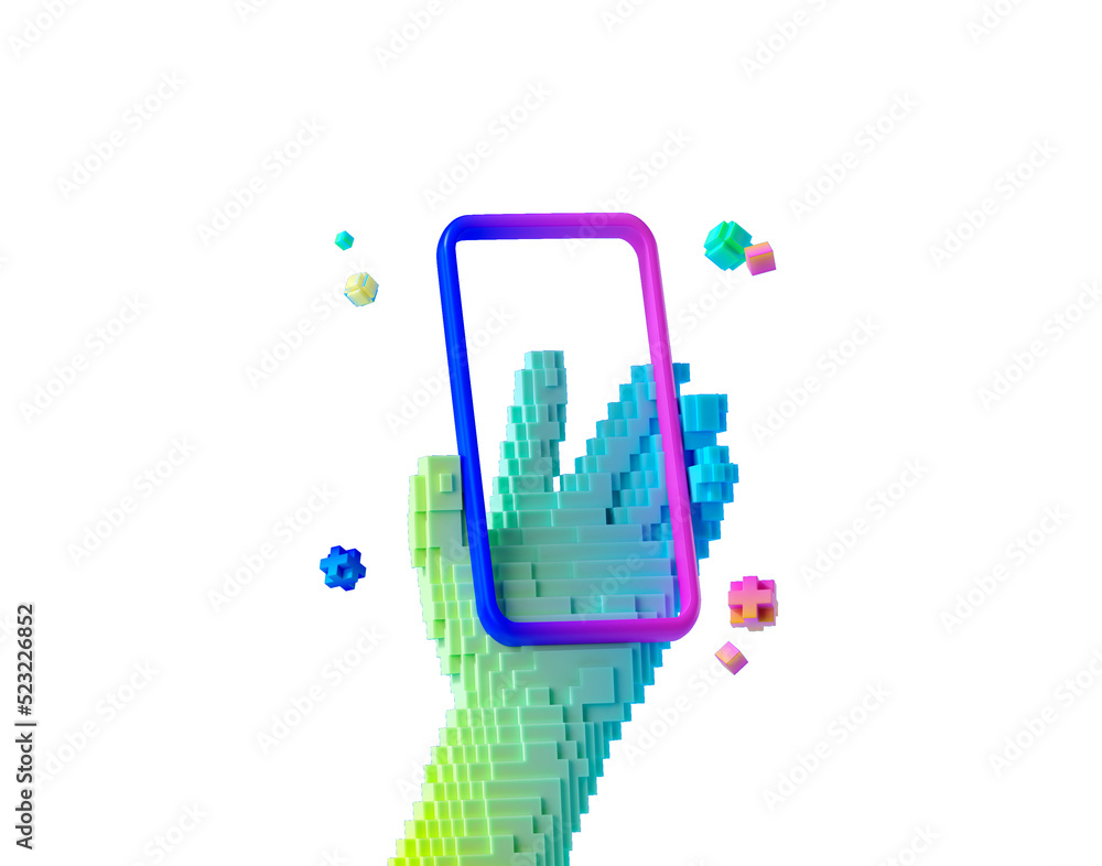 Aufkleber minimal background for online technology and metaverse concept. pixel hand with smartphone isolated 