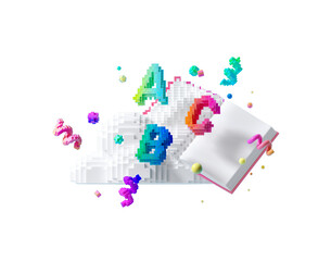 Minimal background for online education concept. Pixel Book and alphabet with white digital cloud isolated on transparent background. 3d rendering illustration. PNG