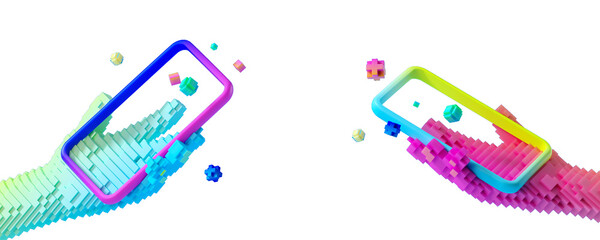 Minimal background for online technology and metaverse concept. Pixel hand with smartphone isolated on transparent background. 3d rendering illustration. PNG