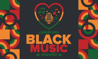 Black Music Month in June. African-American Music Appreciation Month. Celebrated annual in United States. Music concept. Poster, card, banner and background. Vector illustration