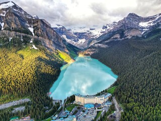 Lake Louise, Alberta Canada and Victoria glacier at sunrise against the Fairmont Chateau Lake...