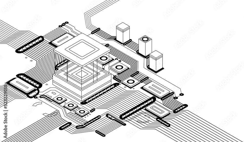 Aufkleber electronic cpu digital chip monochrome. processor and electronic components on motherboard or circui