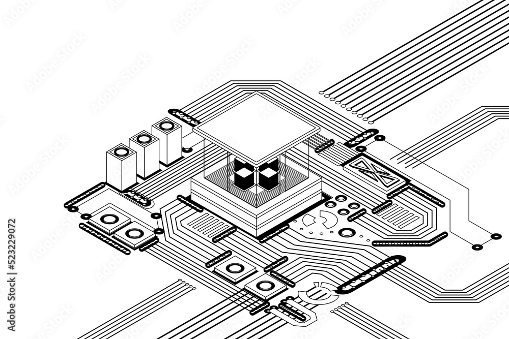Poster electronic cpu digital chip monochrome. processor and electronic components on motherboard or circui