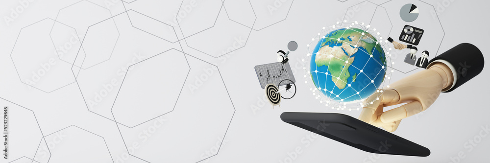 Poster businessman using mobile smart phone. business global internet connection application technology and