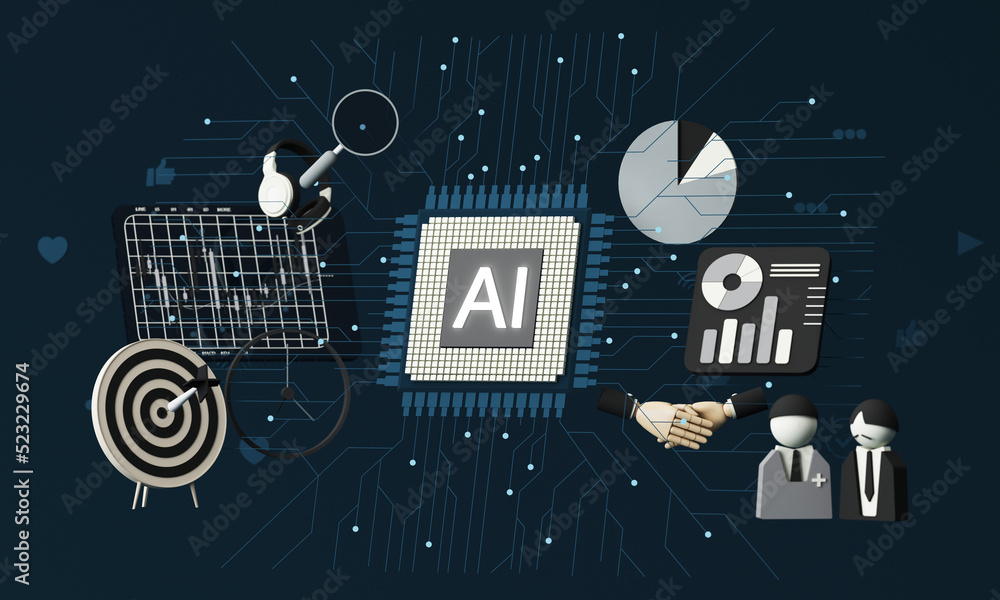 Poster future world that are controlled and work with artificial intelligence in business and transactions 