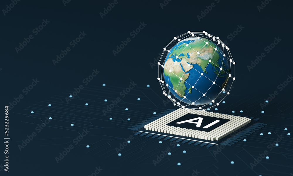 Poster ai, artificial intelligence concept ai circuit board with electronic system wiring with a globe back