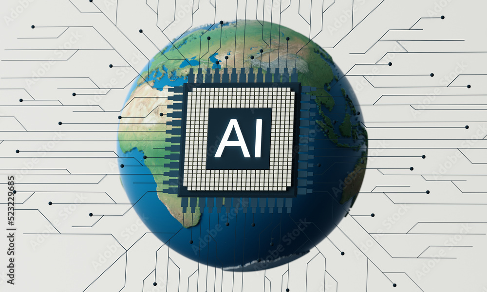 Poster ai, artificial intelligence concept ai circuit board with electronic system wiring with a globe back
