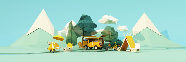low poly cartoon style. Mobile homes van and tents camping in the national park, bicycles, ice buckets, guitars and chairs, and trees with clouds and mountains on background. 3d render wide screen - 523229636