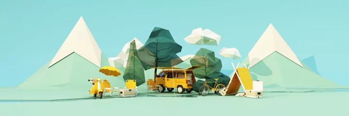Fotobehang low poly cartoon style. Mobile homes van and tents camping in the national park, bicycles, ice buckets, guitars and chairs, and trees with clouds and mountains on background. 3d render wide screen © Jokiewalker