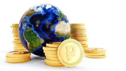 3D render of gold russian ruble coins with world globe isolated on white background, russian ruble banknotes