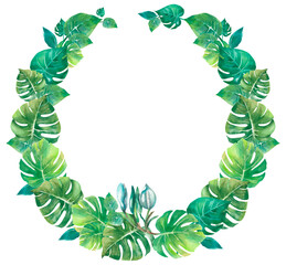 Round frame with monstera leaves