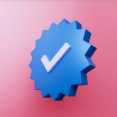 Profile verification blue check mark social media icon isolated on pink background Square image. 3D Rendering, 3D illustration