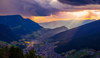 Fototapeta na wymiar Ortisei Aerial View at Sunset - Sunrise, Val Gardena, South Tyrol, Italy