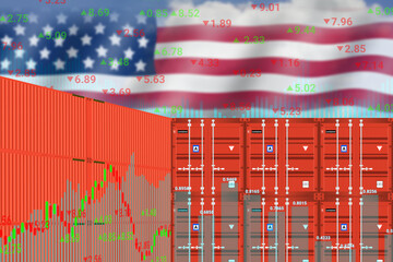 transparent America flag on up down graphs and Cargo ship container.