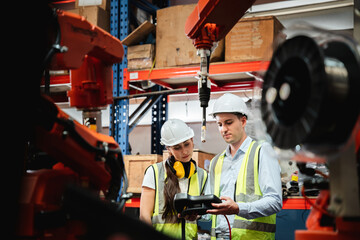 Industrial engineers control the automatic arms machine welding robotics in industrial...