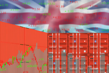 transparent United Kingdom flag on up down graphs and Cargo ship container.