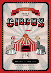 Vintage circus background. Carnival old frame. Show tent for magic amusement. Announcement retro banner. Seal tricks. Performance marquee. Clown fair flyer. Vector illustration template © SpicyTruffel