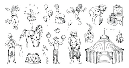 Circus vintage old sketch. Acrobat and juggler. Animals tricks. Park amusement. Clown fair entertainment. Artists performance engraving elements. Carnival marquee. Vector doodle set