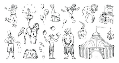 Circus vintage old sketch. Acrobat and juggler. Animals tricks. Park amusement. Clown fair entertainment. Artists performance engraving elements. Carnival marquee. Vector doodle set © SpicyTruffel