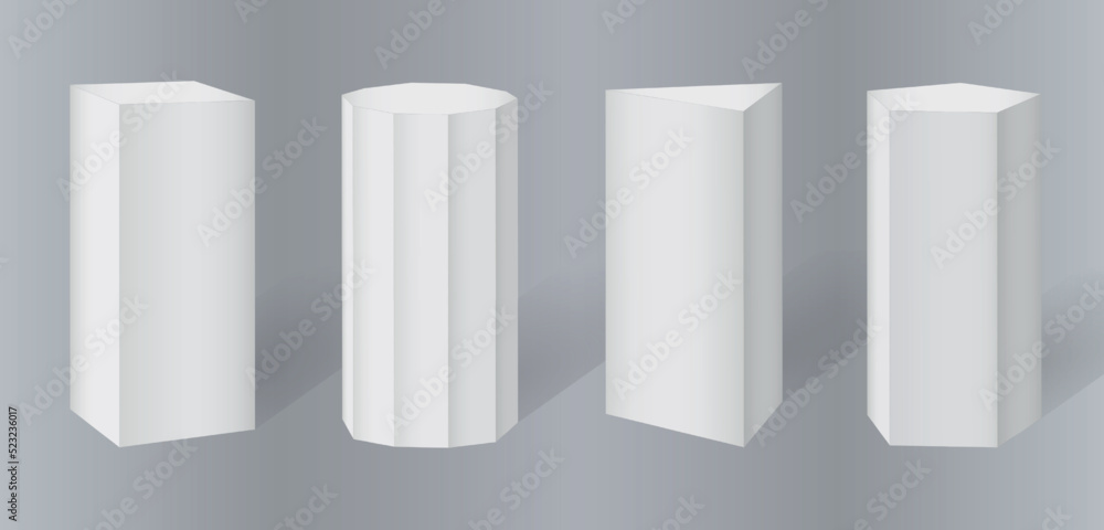 Poster 3d pillar, platform or podium set. cylinder pedestal, white round or cube display, hexagon museum el