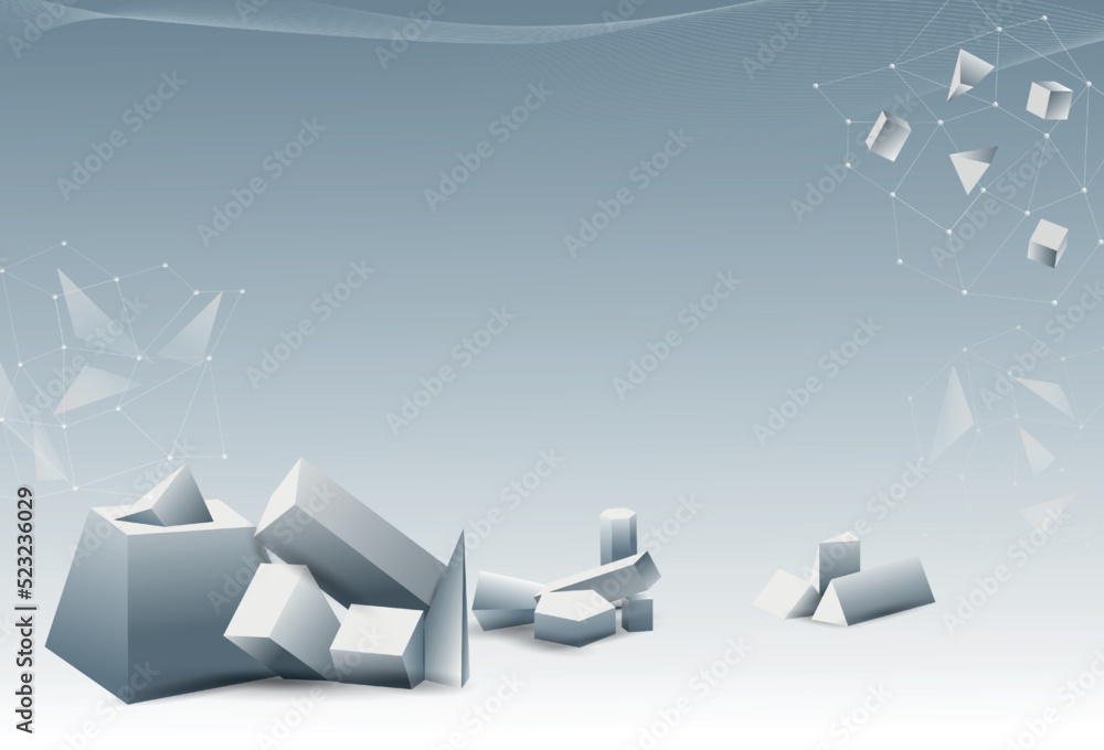 Aufkleber 3D white cube background. Abstract geometric shapes. Minimal elements. Polygon forms composition. Connect data space. Cubic art. Business network. Blank backdrop. Vector digital texture