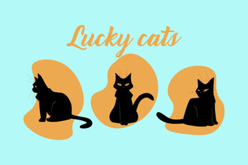 Lucky cats. Black fur kittens. Cute cartoon domestic animals. Veterinary poster. Fluffy pussycats. Phrase calligraphic lettering. Fortune superstition. Kitty poses. Vector funny mammals
