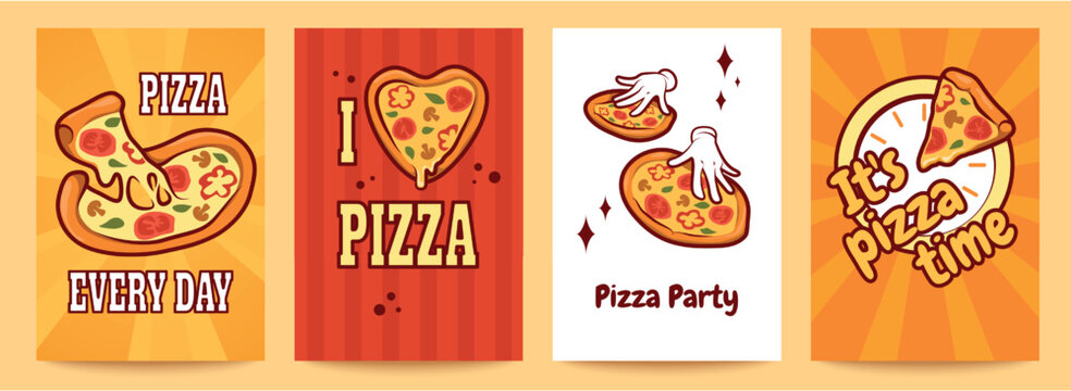 Fun pizza posters set. Social media and menu template with street food, lunch in restaurant or cafe. Kitchen decoration. Cards with creative phrases. Vector illustration banners