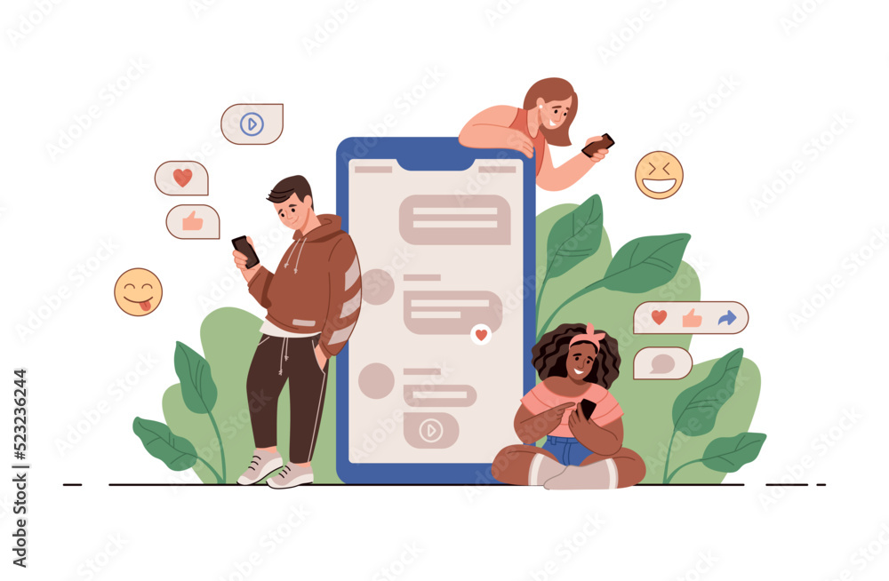 Poster People using phones. Person text in internet social media by smartphone. Infographic with man and woman. Emotion icons. Characters online communication. Messenger app vector concept