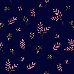 Fototapeta premium Vector seamless pattern with a yellow plants and branches with pink leaves on a dark blue background