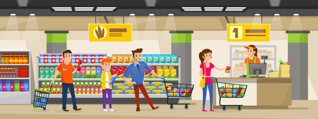 A queue of people with carts and baskets in a supermarket before a counter. Customers pay the cashier for their purchases. Grocery shop interior design. Cartoon style vector illustration.