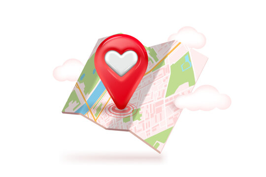 Location of a favorite place icon red with a heart on the map indicates a place and clouds