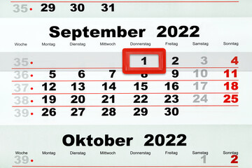 Deutscher Kalender Datum 1. September 2022 Donnerstag