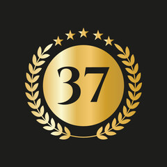 37 Years Anniversary Celebration Icon Vector Logo Design Template With Golden Concept