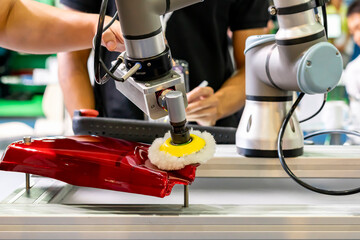 Automatic smart robot arm during cleaning finishing process surface polishing or buffing and waxing workpiece vehicle product by high density soft and fine wool or felt polishing disc wheel pad