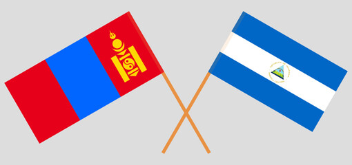 Crossed flags of Mongolia and Nicaragua. Official colors. Correct proportion