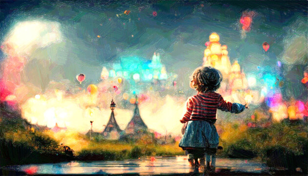 digital paint generating  with rough paper texture of  fantasy magic moment, a girl looking at colorful balloon floating to sky  at dusk or dawn with dim sun light with castle 