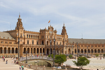 Architecture and canals of Spain square, Seville, Spain. Famous touristic attraction.