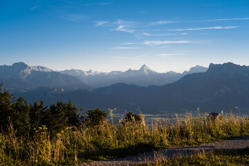 Panoramic sunny view from the Gaisberg on a fine sunday evening, Salzkammergut, Austria.