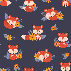 Seamless pattern with cute foxies and floral elements. Vector illustration.