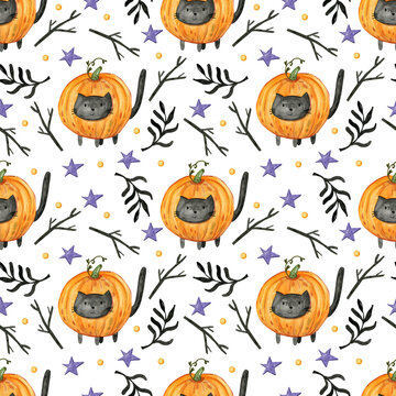 Watercolor Halloween seamless pattern illustration. High quality illustration background. Magic Halloween scary night decoration and scrapbooking. Hand painted cozy fall season texture of autumnal.