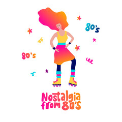 Disco party 70s 80s. Woman dance retro night party poster. Roller Skates Fashion