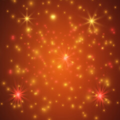 Vector illustration of an abstract background with orange blurred magic dust, and stars with neon light.