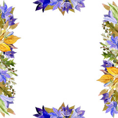 Watercolor frame arrangement with hand drawn autumn petunia and bluebell flowers, branches and leaves. Isolated on white background. Design for invitations, wedding, greeting cards, wallpaper, print