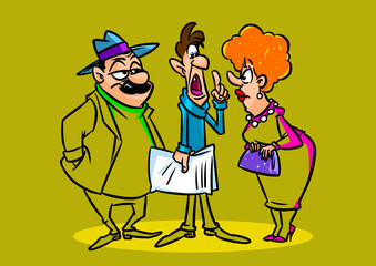 People discuss newspaper news scoop cartoon illustration