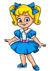 Little beautiful girl blue dress cartoon illustration