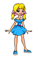 Fashionable beautiful teen girl blue dress style cartoon illustration