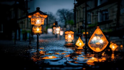 Beautiful colorful illuminated lantern on frozen puddle. The lamp is beautifully reflected in the mirror surface. Cloudy sky.