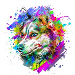 haski dog head with creative colorful abstract elements on white background