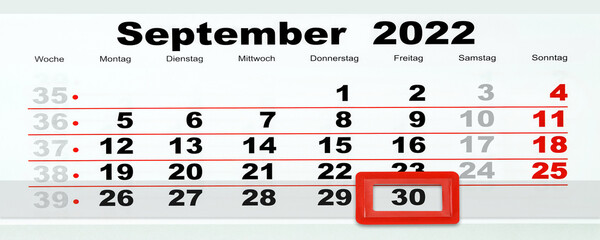 Deutscher Kalender Datum 30. September 2022 Freitag